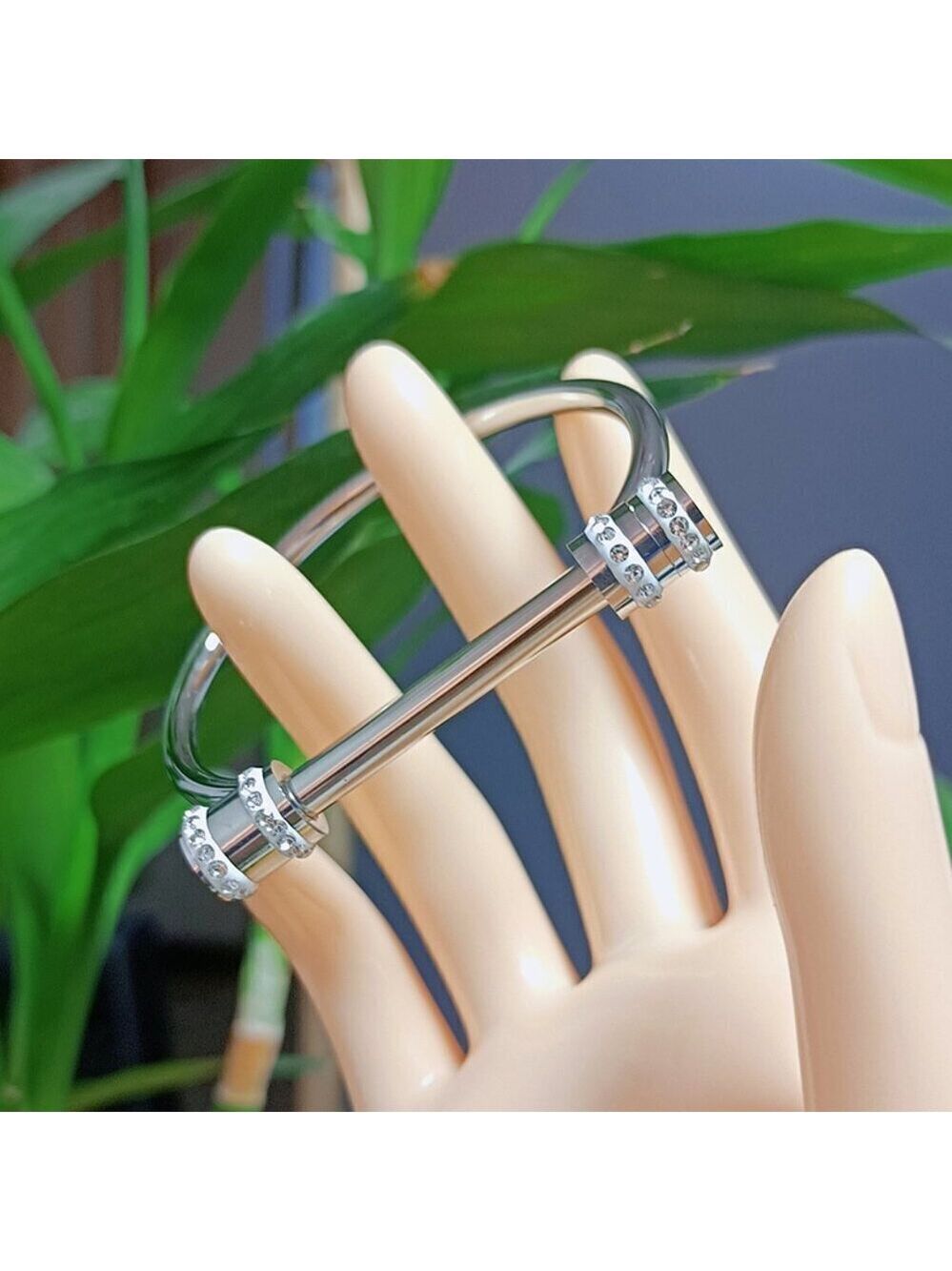 Titanium Steel Bangle, Simulated Diamond Accents, Screw Cuff Style.